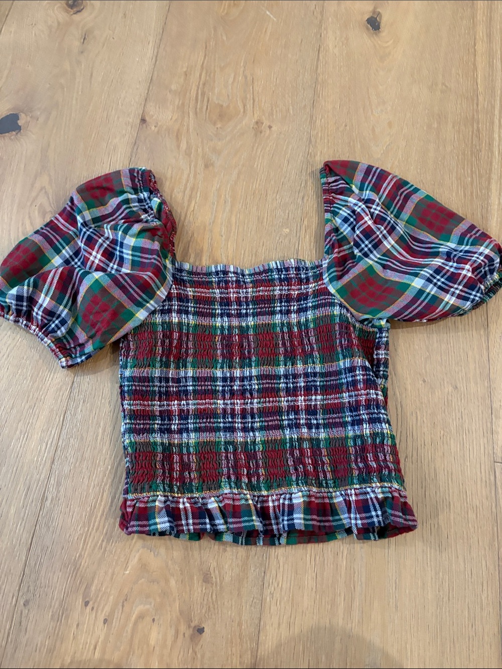 American Eagle Outfitters Red & Green Plaid Smocked Puff-Sleeve Top